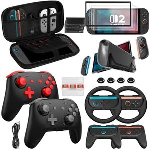 Accessories Bundle for Nintendo Switch 2 2025 20-in-1: 2 Wireless Pro Controllers, Carrying Case, Screen Protectors, Dockable Protective Case, Steering Wheels and Thumb Grips, All-in-1 Starter Kit & Gift Set