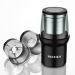 Secura Electric Coffee Grinder and Spice Grinder with 2 Stainless Steel Blades Removable Bowls, Black