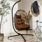 LKINBO Indoor Outdoor Egg Swing Chair with Stand and Cover, Patio Wicker Hanging Chair 450lbs Capacity Egg Chairs with UV Resistant Cushion for Bedroom Outside Balcony Patio Living Room, Brown