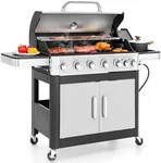 MFSTUDIO 6-Burner Propane Gas Grill, Stainless Steel BBQ Grill with Side Burner and Porcelain-Enameled Cast Iron Grates, High Output Gas BBQ Grills for Barbeque and Outdoor Cooking