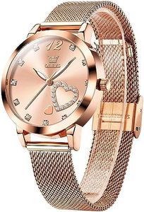 OLEVS Pink Watches for Women Cute Heart Diamond Rose Gold Watch Women Big Face Fashion Analog Women's Wrist Watch Mesh Bracelet Simple Stainless Steel Dress Womens Watches Water Resistant Luminous