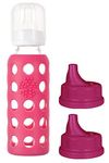 Lifefactory Glass Baby Bottle 9oz and 2 Transitioning Sippy Caps (Raspberry)