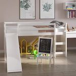 NAFORT Twin Loft Bed with Slide, Low Loft Bed with Solid Wood Slat and Guard Rail, Wood Loft Bed Frame with Slide and Climbing Ladders for Boys and Girls, White