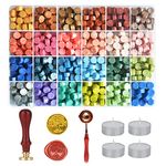 24 Colors Wax Seal Kit,600 Pcs Wax Seal Beads,Wax Seal Stamp Kit with A Wax Spoon and A Wax Seal Stamp and 4Pcs Tea Candles，Wax Seal Kit for Beginner,Wax Seal Stamp Kit for Wedding Invitations Letter
