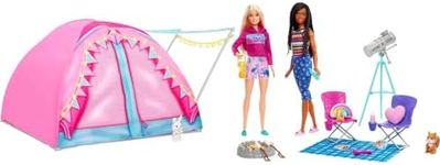 Barbie It Takes Two Camping Playset with Tent, 2 Barbie Dolls & 20 Pieces Including Animals, Telescope & Accessories, Toy for 3 Year Olds & Up, HGC18