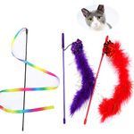 NEKOSUKI Cat Wand and Rainbow Toy, 2Pcs Interactive Cat Teaser Feather Wand with Sound Paper and 1Pcs Rainbow Ribbon Wand for Kitten Cat Having Fun Exerciser Playing