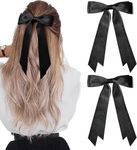 2PCS Silky Satin Hair Bows Hair Clip Black Hair Ribbon Ponytail Holder Accessories Slides Metal Clips Hair Bow for Women Girls Toddlers Teens Kids (Black/Black)