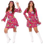 Ladies 60s Hippy Dress - Ladies Floral Pink Gogo Hippy Dress Costume - 1960s/1970s Fancy Dress - Large