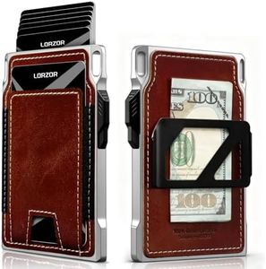 LORZOR Slim Tactical Wallet for Men- Minimalist Full Grain Leather Wallet for 12 Cards, RFID Blocking Aluminum Cardholder, Smart Pop Up Card Case, Front Pocket, Money Clip, Gifts for Men(VintageBrown)