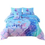 JQinHome Mermaid Comforter Set Twin Size, 6 Piece Mermaid Tail Bed in A Bag,3D Colorful Mermaid Bedding Set for Girls Kids, Sparkle Teal Bedroom Decor Bedding Set with Sheets (Blue)