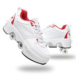 Roller Skate Shoes for Women Four Rounds Children's Roller Skates Shoes That Turn into Rollerskates Sneakers Outdoor Light Shoes with Wheels for Girls/Boys (White Red, US 5)