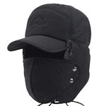 Greenery-GRE Winter 3 in 1 Thermal Fur Lined Trapper Bomber Hat with Ear Flap Full Face Mask Windproof Baseball Ski Cap Black