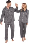 Ekouaer Couples Matching Pajamas Silk Long Sleeve Sleepwear Satin Soft Button Down Loungewear Pjs Set,Dark Grey,M