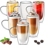 TKNO Set of 6 450ml Double Walled Tall Coffee Glasses Mugs Cups with Handle, for Coffee Tea Latte Juice Ice Cream Borosilicate Heat Resistant Large Glass Cups, Microwave Safe, Ideal Hot & Cold Drinks