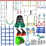 Ninja Warrior Obstacle Course for Kids - 2X50FT Double Ninja Slackline with Most Complete Accessories for Kids, Swing, Trapeze Swing, Rope Ladder, Obstacle Net Plus 1.2M Arm Trainer