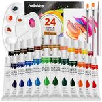 Halobios Acrylic Paint Set 24 Colours, 12ml Tube Paints with 3 Paint Brushes 1 Palette 1 Blank Canvas for Artists Beginners Kids, Rich Pigmented Acrylic Paints Kit for Canvas Wood Paper Glass Fabric