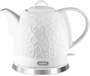 Ceramic Electric Kettle, 1L capacity, 1000-1200W rapid heating, Boil-dry protection, Auto shut-off, Detachable swivel base, Elegant white relief carving, Perfect for 6-7 cups