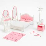 OLEOCA Family Dollhouse Bedroom Set — Bed, Pillows & Bedspread, Vanity with Mirror, Nightstand, Floor Mirror, Chair, Lamp, Coat Rack & Hangers — Dollhouse Furniture & Accessories for Ages 3+