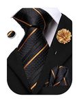 Hi-Tie Black Gold Ties for Men Striped Mens Ties Silk Neck tie Flower Lapel Pin Hanky Cufflinks Set Formal Dress Tie