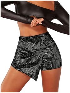 SHENHE Women's Glitter Shiny Shorts O Ring Wrap Skort Skirt Party Rave Sparkle Shorts Black Medium