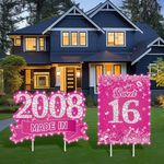 16th Birthday Yard Sign with String Lights and Stakes, 2Pcs Large Size Happy 16th Birthday and Made in 2008 Birthday Sign, Outdoor Lawn Signs Birthday Decorations Party Supplies, Shiny Rose Pink