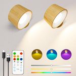 Speclux Battery Operated Wall Lights 2 Pack Wood Grain, Rechargeable Wall Lights Indoor, Wall Lamp with Remote, 3 Color Temperatures & 13 RGB & Dimmable Magnetic 360° Rechargeable Wall Sconces