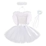 FYMNSI Kids Baby Girl Angel Costume Princess Tutu Tulle Dress Halo Headband White Feather Wings Fairy Wand Set for Halloween Costume Carnival Cosplay Christmas Eve Stage Performance White 5-6 Years