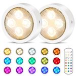 Onumii Under Cabinet Kitchen Lights Battery Powered LED Under Cupboard Lights, Stick on Wardrobe Lights Wireless Under Counter Lights, RGB Coloured Puck Lights with Remote Control, 2 Pack - White