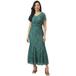 Latin Quarters Women Green V-Neck Cap Sleeve Lace Drop-Waist Party Dress