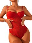 OYOANGLE Women's Floral Lace Sheer Mesh Cut Out Scallop Trim Underwire Teddy Lingerie Bodysuit Red X-Large