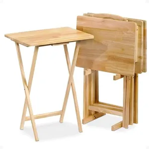 PJ Wood Folding TV Tray Table & Snack Table with Storage Rack, Natural - 5 Piece Set