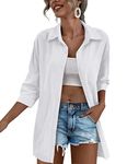 Zeagoo Women Cotton Linen Shirt Casual Button Down 3/4 Sleeve Blouses Casual Oversized Tops Pure White, Pure White, X-Large