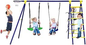 GYMAX Kids Swing Set, Metal Swing A-Frame with Swings, Outdoor Children Playground Playset for Garden, 225kg Weight Capacity (5 in 1 with Climbing Rope and Climbing Ladder)