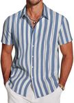 COOFANDY Men's Button Down Shirts Short Sleeve Casual Cuban Shirt Summer Beach Vacation Shirt Blue Stripe