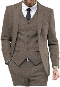 Mens Tweed Herringbone Wedding Suit Prom Tuxedos 3 Piece Peak Lapel Dress(Light Brown,38)