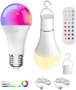 LED Rechargeable Light Bulbs with Remote ＆ Touch Dimmable, E27 Battery Operated Light Bulb for Lamps, RGB 12 Colors, 2000mA USB Battery Backup Light Bulb with Timer, A60 Small Light Bulbs 2 Pack