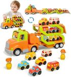 Veslier Toddler Toys for 2 3 4 5 Years Old Kids, Transport Car Carrier Truck Toy with 6 Vehicle, 30in Foldable Track Trailer with Light & Sound Effects, Birthday Gift for 18 Months to 5 Years Old Boys