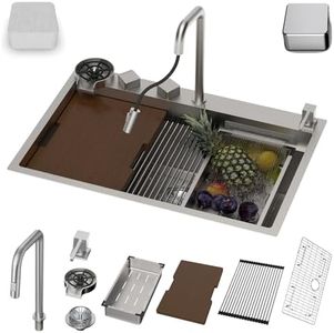 33x22 Drop In Kitchen Sinks Square Design, Waterfall Kitchen Sink with Faucet Combo, Modern Smart Workstation Stainless Steel Single Bowl Kitchen Sinks, 33" x 22" x 10" Inch, Brushed Silver