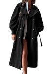 Tankaneo Womens Long Trench Coat Fall Fashion Oversized Double Breasted Lapel Overcoat Outerwear with Belt, Black, Large