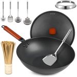 Wok Pan with Lid - 13" Nonstick Wok, Carbon Steel Woks & Stir-Fry Pans Set with 7 Cookwares, No Chemical Coated Flat Bottom Chinese wok, for Electric, Induction and Gas Stoves