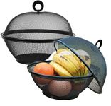 QWXOSR Fruit Basket With Lid - Decorative Fruit Bowl Metal Wire Basket Covered Fruit Bowl Strainer For Fruits Vegetables Fruit Display Stand Keeps Flies Out Φ10.7 (2 Fruit Baskets+2 Lids) (black)