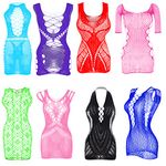 Sexy Lingerie for Women,8 Pieces Exotic Fishnet Lace Bodysuit Dress Rave Stripper Outfits Sets, Colorful, Large