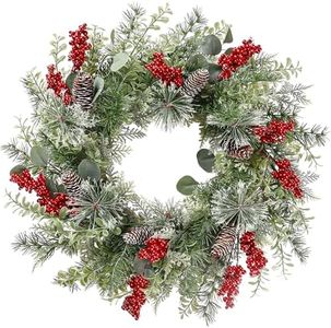 Sggvecsy 21 Inch Artificial Christmas Wreath for Front Door Xmas Red Berry Wreath with Pine Needles Pine Cones Eucalyptus Leaves Christmas Hanging Decorations for Wall Outdoor Home Window Decor