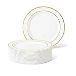 MATANA 200 Premium White Plastic Dessert Plates with Gold Rim, 19cm / 7 Inch - Elegant & Reusable Small Side Plates, Starter Plates for Weddings, Birthdays, Picnic, BBQ, Parties
