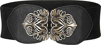 SYGA Women Cinch Belt, PU Leather Stretchy Waist Belt with Floral Metal Buckle, Retro Style - Black(Fits Waist Size 25-35)