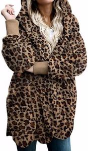 Zilcremo Women Hooded Cardigan Fuzzy Jacket Winter Open Front Fleece Coat Outwear with Pockets Leopard M