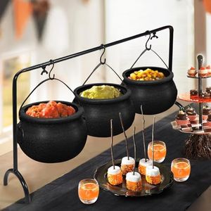 ORIENTAL CHERRY Halloween Decorations Indoor - Set of 3 Witches Cauldron Serving Bowls on Rack - Halloween Party Decorations Halloween Candy Bowl Black Plastic Cauldron for Home Kitchen Decor