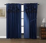 Chezmoi Collection Nobility 4-Piece Flocked Floral Faux Silk Window Curtain Set with Sheer Backing Valance, Navy/Black