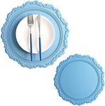 Large Round Embossed Placemats 34cm/13.4in Set of 2 Dinner Table Thicken Silicone Place Mats Heat Resistant Non-Slip and Waterproof (Blue)