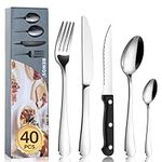 BEWOS 32-Piece Cutlery Set with 8 Triple Riveted Steak Knives, Stainless Steel Silverware Tableware Set for Kitchen, Mirror Polished Knives, Forks and Spoons Cutlery Set for 8, Dishwasher Safe